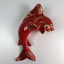 VTG Ceramic Fish Wall Pocket Planter Red & Gold Retro MCM Fish Wall Plaque 10” picture