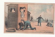 Man Sneaking around Beach Bath House Cop Water No Advertising Vict Card c1880s picture