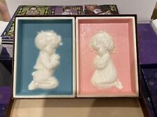 Vintage Praying Boy and Girl Molded Plastic Wall Hanging Nursery 3.5” X 4.5” picture