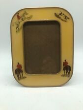 VINTAGE ENAMELED /METAL PICTURE FRAME with EQUESTRIAN HORSES & HUNTING DOG picture