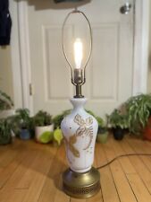 VINTAGE WHITE SATIN GLASS TABLE LAMP W/ BRASS BASE HAND PAINTED GOLD FLORAL LAMP picture