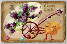 A Happy Easter - Chicks Carrying the Big Egg - Vintage Postcard, Posted picture