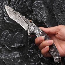 Drop Point Knife Folding Hunting Survival Camping Tactical Damascus Steel Wood S picture