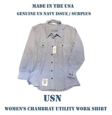 US MILITARY NAVY USN BLUE CHAMBRAY UTILITY WORK LONG SLEEVE SHIRT WOMEN'S 40x32 picture