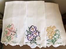 VTG Tea Towels Floral Hand Embroidered Linen/ Lot Of 3 Floral Cutwork Scalloped picture