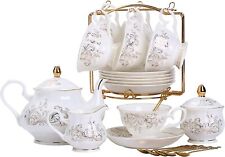 Daveinmic 22-Pieces Porcelain Bone china Tea Sets Gold Rim Coffee Set with Rack picture