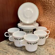 12 PC Set Corelle Corning Ware Milk Glass Holly Christmas Mugs Tea Cups Saucers picture