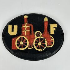 Vintage Oval Cast Iron UF UNITED FIREFIGHTER INSURANCE 3D PLAQUE SIGN 11.25” picture