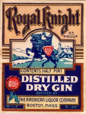 ROYAL KNIGHT DISTILLED DRY GIN Salmon ANTIQUE BOTTLE LABEL - UNUSED Half pint picture