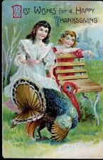 Postcard Antique Thanksgiving Pretty Girls Turkey Cute Embossed Early 1900s picture
