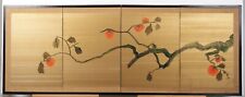 Japanese 4-Panel Byobu Fruiting Persimmon Tree Hand Signed & Painted Divider picture