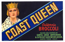 Original COAST QUEEN broccoli crate label Santa Cruz Artichoke & Sprout Growers picture