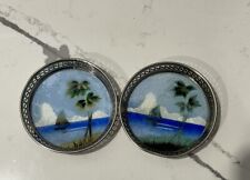 2 Vintage Japanese Coasters Painted Glass Sailboat Beach 3