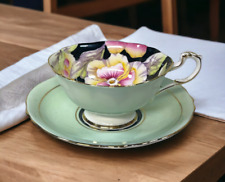 Mint Green Paragon Pansies Pansy Teacup Saucer  Double Warrant Flowers Gold Trim picture