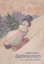 1908 Anthropomorphic Snowman Slides Downhill Vintage Antique Postcard New Year picture