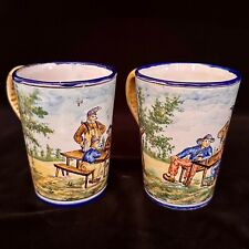 Rare PAIR OLD MONTAGNON MUGS Jacques Callot Style Nevers French Faience c1880 picture