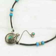 Native American Sterling Silver Turquoise, Mystery Holder Leather, Bead Necklace picture
