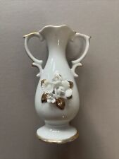 Porcelain Vase White Capodimonte Style White Flowers Handles Gold Trim 5” Tall picture