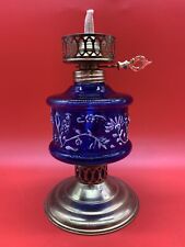 Vintage COBALT BLUE OIL LAMP WITH BRASS BURNER & Bottom With Etched Pattern 9” picture