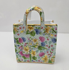 Porcelain Miniature Ceramic Shopping Bag Tote Planter Vase Chintz Floral 3.5