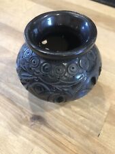 Vintage Oaxaca Mexico Black Clay Olla Pottery Filigree Intricate Cut  Small Vase picture