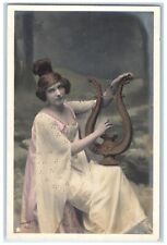 c1905 Pretty Woman Playing Lyre Studio RPPC Photo Unposted Antique Postcard picture