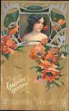 Valentine Beautiful Dark Haired Woman Textured Gilt Background c1910 Postcard picture