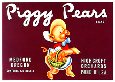 PIGGY PEARS~CARTOON PORKY PIG~NEW 1981 HISTORICAL FRUIT CRATE LABEL ART POSTCARD picture