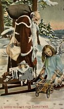 c1907 Brown Santa Claus Toys Angel Outdoors Snow Glitter Christmas picture