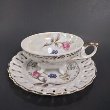 Japanese 3 Footed Tea Cup and Reticulated Saucer Vintage Sonsco Lusterware NICE picture