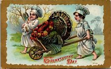 Vtg Thanksgiving Day Chef Boy Prepare to Harvest Turkey Cart Hatchet Postcard picture