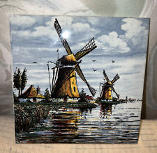 Vtg 1960 Delft Blauw Holland Colorful Hand painted windmill Child Feeding Ducks picture