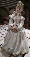 Vintage Lefton Japan Lady in White Winter Dress Gold Accents Figurine picture