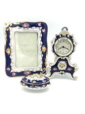 Kirch Porcelain Set With clock, 4x6 Picture Frame And Trinket Oval Gold Trim picture