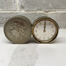 Linden Vintage Travel Alarm Clock Wind Up Gold Roman Coin Design Germany Made picture