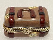 Limoges France Porcelain Trinket Box Suitcase Brown USA Vintage Luggage Trunk picture