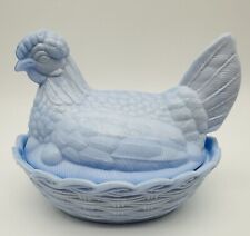 Vintage c 1940 Light Blue Chicken HEN on NEST Milk Glass Covered Dish Container picture