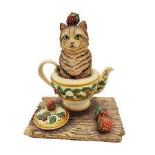 Curious Cats Kitty Figurine Strawberry Tea  1st Ed VTG 2000 Lang & Wise Brown picture