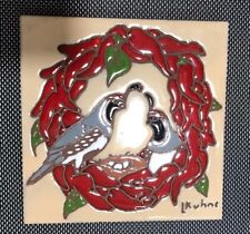 Vtg Earthtones Quail Pair Red Wreath Tile Trivet L. Kuhne 1999 Made In USA picture