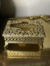 Vintage Hollywood Regency Gold Tone Floral Metal Mini Tissue Trinket Jewelry Box picture