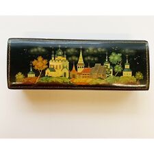 Vtg Russian Hand Painted Lacquer Pencil Box -Village with Basilica Scene -signed picture