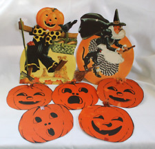 Vintage Halloween Die Cut Pumpkin JOL & Black Cat Witch Scarecrow Litho USA picture