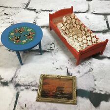 Vintage Dollhouse Furniture Wooden Bed Table Picture Lot of 3  picture