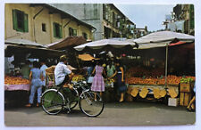 Fruits Stall in Chinatown Singapore Man Bicycle Women Shopping Market Postcard picture
