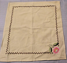 Vintage Linen Embroidered Napkin Beige Crisscross Edge Stitching Pink Flower picture