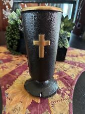 Vintage Bronze Memorial Cemetery Flower Vase With Cross Solid Bronze Used picture