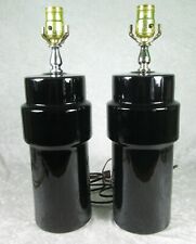 Pair Vintage Modernist Ceramic Lamps Pillar Totem Glossy Black 25-1/4in Tall picture