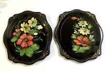 Vintage Tray Russian Tole Black Hand Painted Tray Flowers Gold Trim Plastic  ... picture