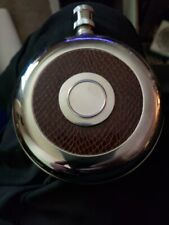 Vintage Circular Silver Flask Leather Detail 4” Diameter  picture