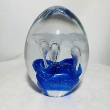 Art Glass Cobalt Blue Paperweight Bubbles Clear Abstract Swirl Hand Blown Office picture